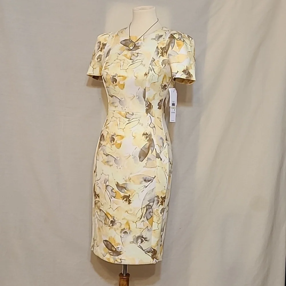 Calvin Klein Yellow Floral Detail Short Sleeve Sheath Dress - Picture 3 of 11